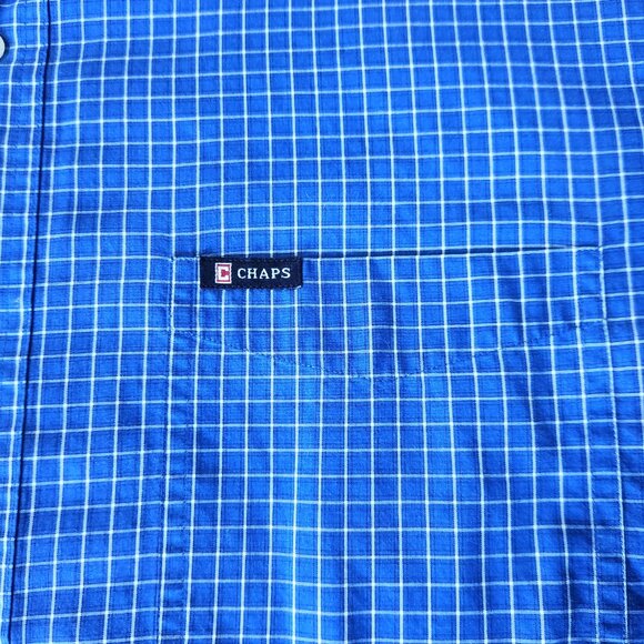 Chaps Shirt Men's Large Short Sleeve Button Up Blue Windowpane Easy Care - Picture 5 of 9